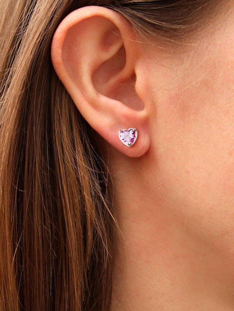 Suplight 925 Sterling Silver Pink Stud Earrings for Women, Hypoallergenic Earring for Sensitive Ear Screw Back Dainty Minimalist October Birthstone Heart Earrings - Image 2